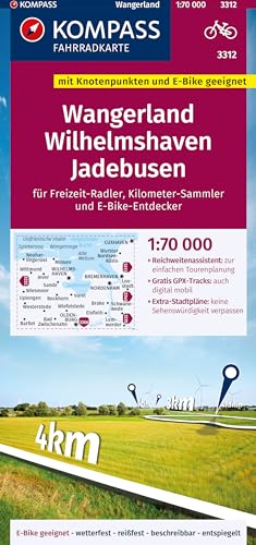 KOMPASS Fahrradkarte 3312 Wangerland, Wilhelmshaven, Jadebusen mit Knotenpunkten 1:70.000: reiß- und wetterfest mit Extra Stadtplänen