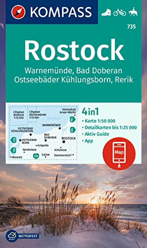 KOMPASS Wanderkarte 735 Rostock, Warnemünde, Bad Doberan, Ostseebäder Kühlungsborn, Rerik 1:50.000: 4in1 Wanderkarte, mit Aktiv Guide und Detailkarten ... in der KOMPASS-App. Fahrradfahren. Reiten.