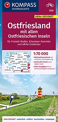 KOMPASS Fahrradkarte 3322 Ostfriesland mit allen Ostfriesischen Inseln mit Knotenpunkten 1:70.000: reiß- und wetterfest mit Extra Stadtplänen